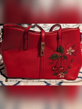 Red Floral Cherry Tote Bag - Elegant Women's Handbag. Hand Painted. Leather.